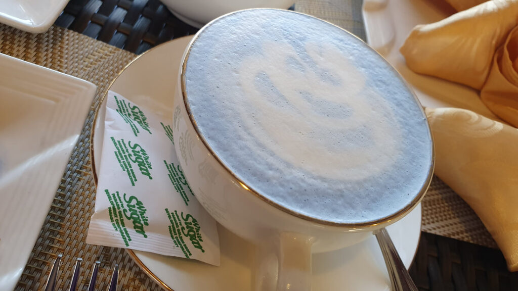 Blue ternate tea with milk at Dolores Lake Resort in Lake Sebu, South Cotabato