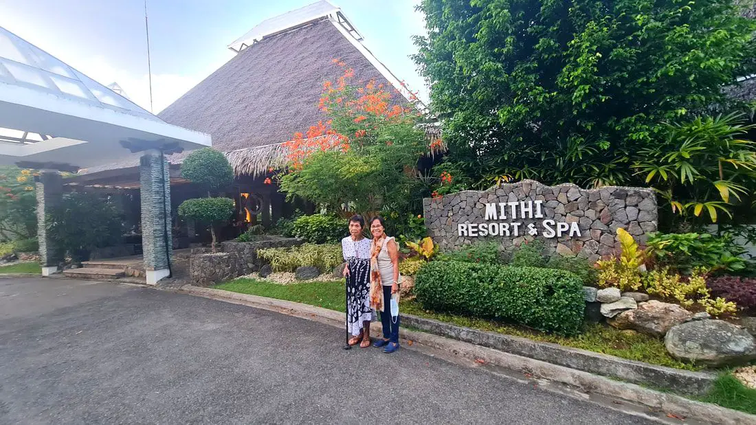 Travelers by the frontage of Mithi Resort and Spa in Panglao Bohol Philippines