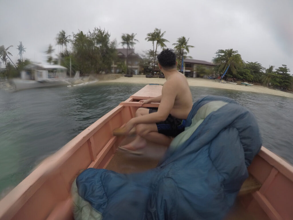 On our flat boat approaching Ocean Vida Resort in Malapascua Island