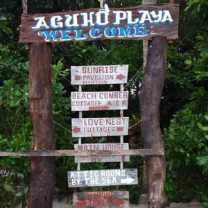 Welcome signage at Aguho Playa